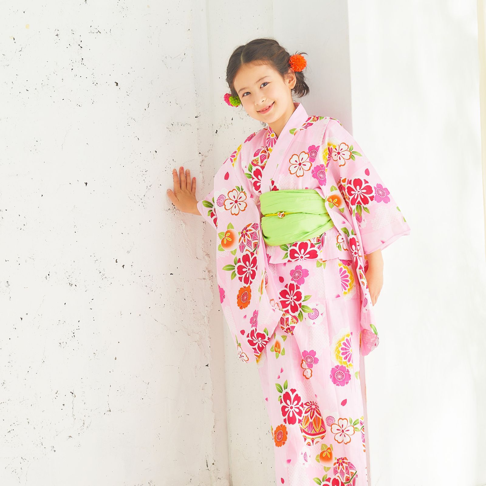 子供 ピンク 浴衣 蝶柄 古典柄 浴衣帯セット130cm 美しき