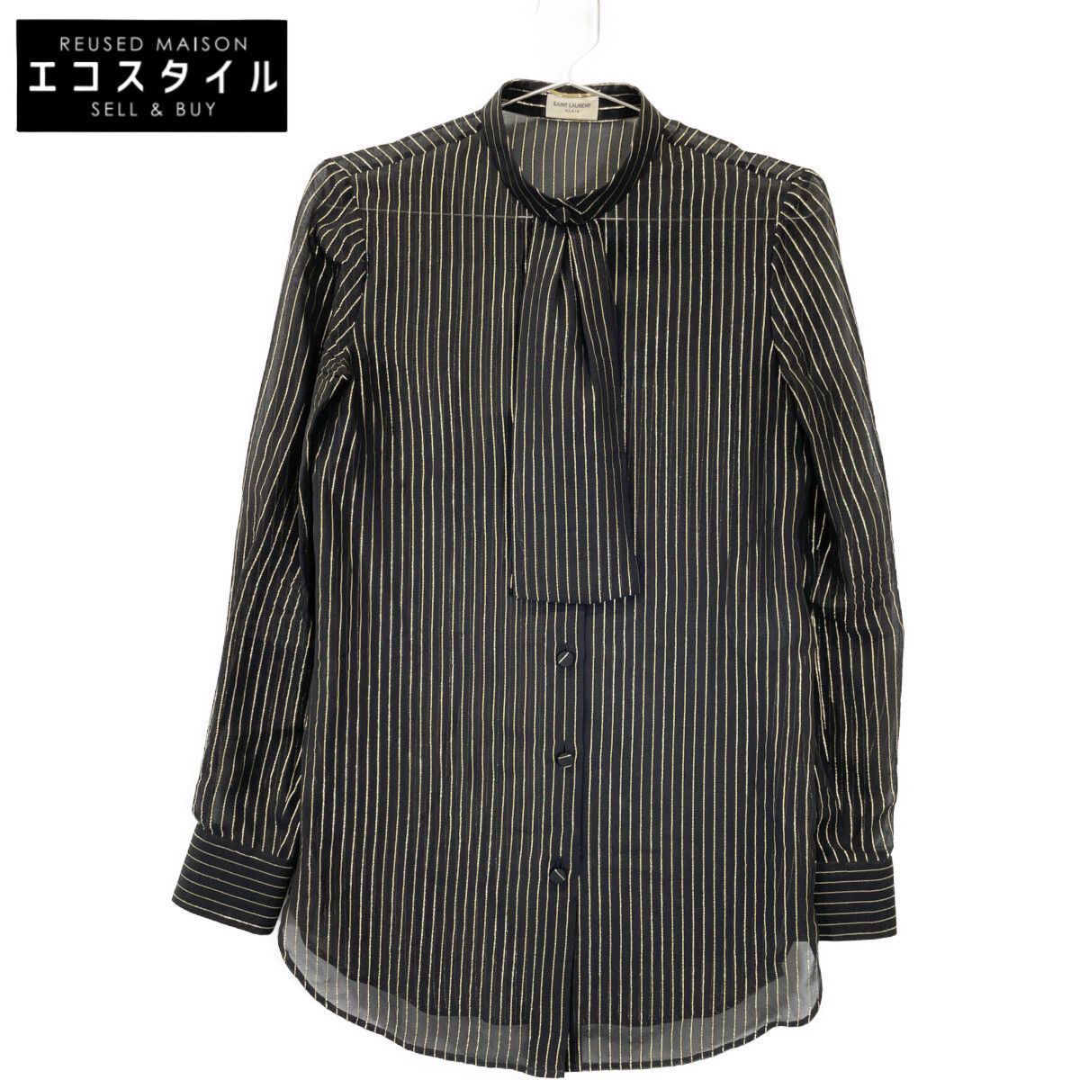 SAINT LAURENT PARIS サンローランパリ エディ期 327066 ゴールドストライプ ボウタイ シアーブラウス 34