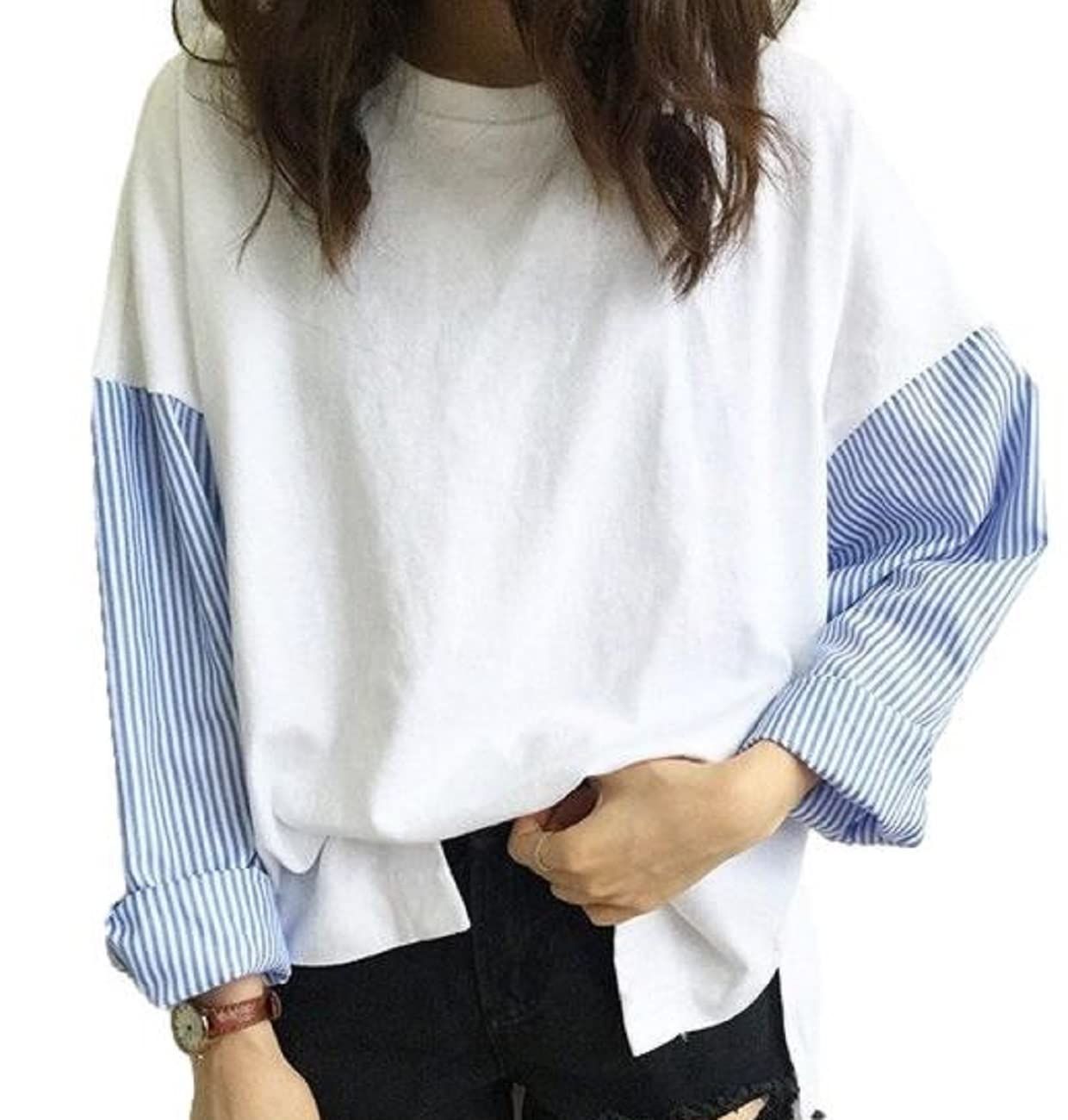 【人気商品】ドッキング ストライプ 袖 レイヤード ブラウス シャツ 風 t [ニブンノイチプラス] レディース [1/2plus]