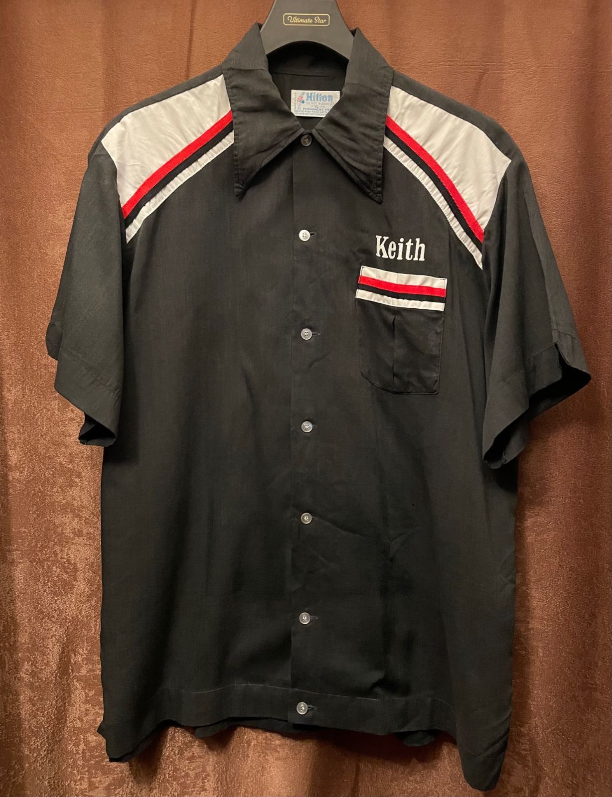 希少 MADE IN USA製 70s PERMANENT PRESSタグ Hilton 半袖ボーリングシャツ ブラック XLサイズ