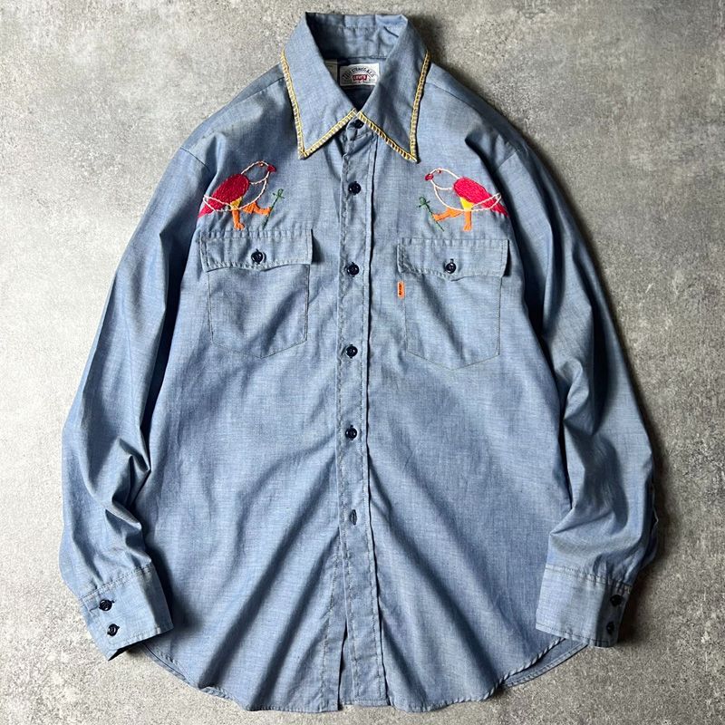 70s USA製 Levis ハンドステッチ 刺繍 長袖 シャンブレー シャツ L 