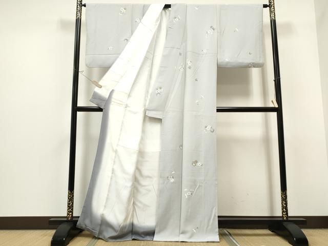 未使用近い 美品 正絹 単衣 手描き小紋 着物単品 上質おしゃれ Prices down2】正絹 小紋 反物 着物「格子 藍鼠色」日本製 丹後