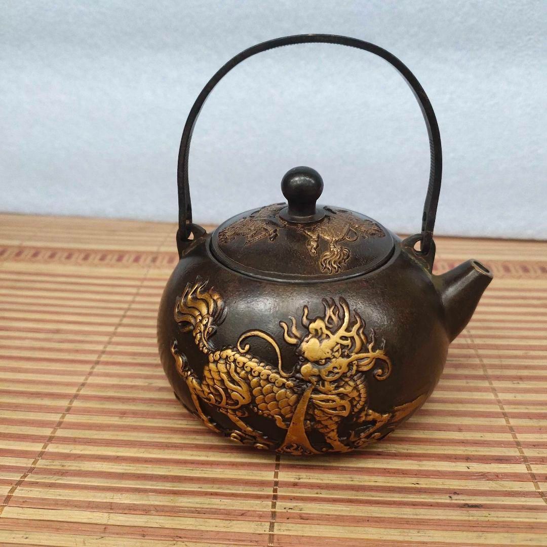 銅 細工 茶道具  浮彫り  福禄茶壺  提梁銅壺 水徳利 工芸品 美術品 置物 銅器 銅壺 麒麟茶壺 提梁壺 煎茶器 茶道具 装飾品 工芸品 置物