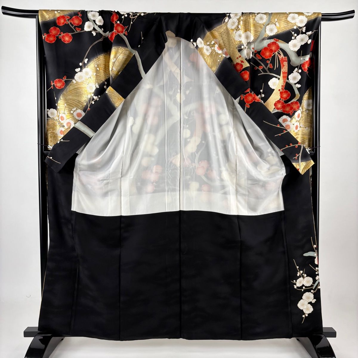 振袖 身丈163cm 裄丈67.5cm L 袷 枝梅 短冊 金糸 金彩 黒 正絹