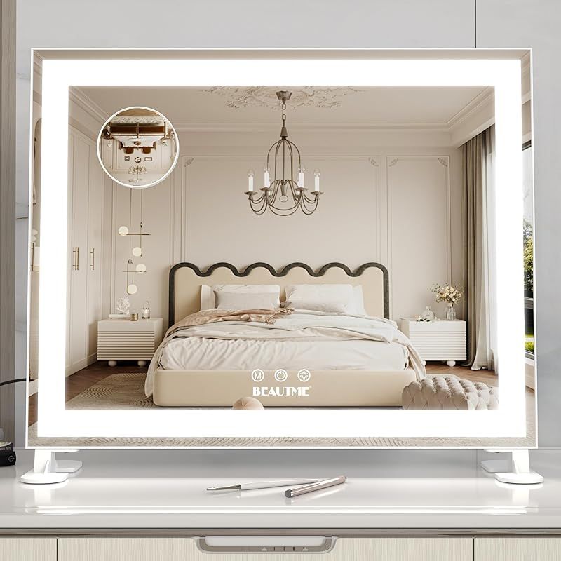 ANYHI 女優ミラー 化粧鏡 ハリウッドミラー 三色照明モード 明るさ調節 10倍拡大鏡付き 女優ライト LEDミ ラー ドレッサー 化粧台適用 48.5x40.5cm 白い 1