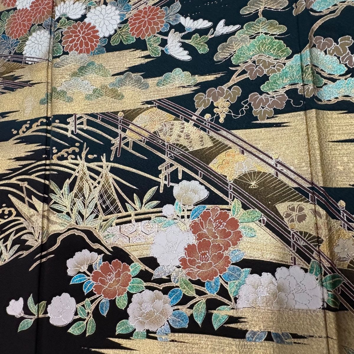 振袖 身丈163cm 裄丈67.5cm L 袷 やまと 橋 網干 金銀彩 深緑