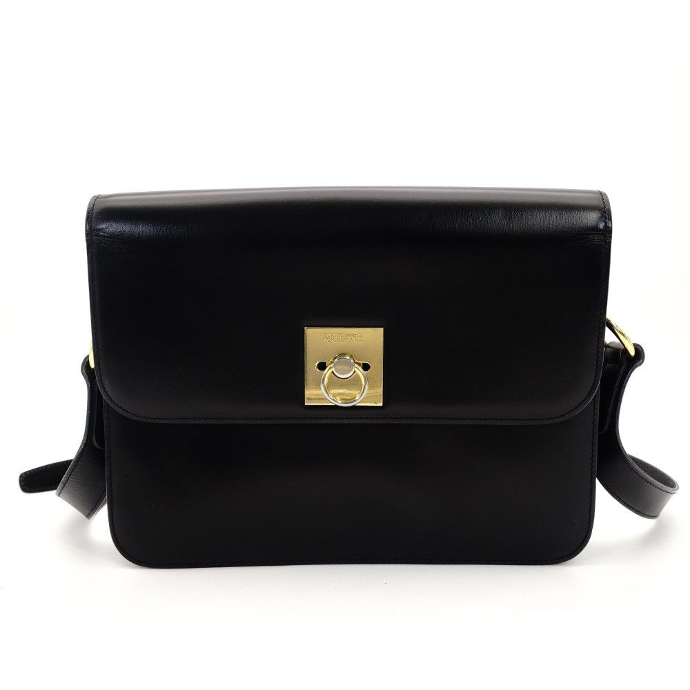 セリーヌ CELINE ガンチーニ ショルダーバッグ ブラック レザー 黒 ヴィンテージ クロスボディ ゴールド金具 7-10-235