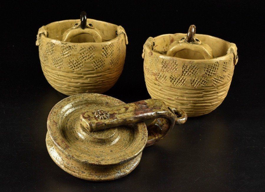 蔵C8936 茶道具 黄瀬戸 釣瓶 花生 滑車付 共箱