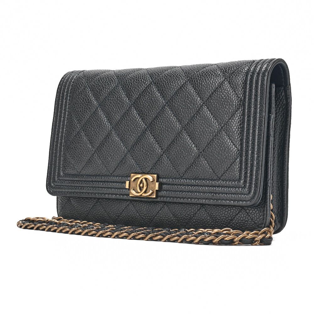 CHANEL シャネル ボーイシャネル マトラッセ チェーンウォレット キャビアスキン ダークネイビー ゴールド金具 レディースウォレット 折財布 レディース財布