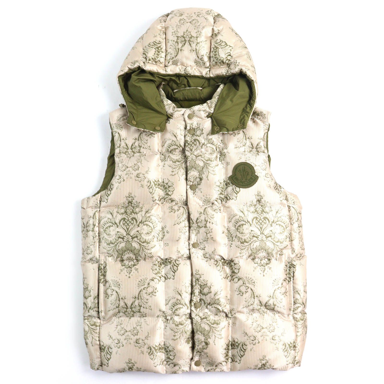 △MONCLER GENIUS 2 モンクレール ジーニアス 2 22SS RABEH ロゴワッペン 総柄デザイン フード付き ダウンベスト ベージュ カーキ 1 メンズ