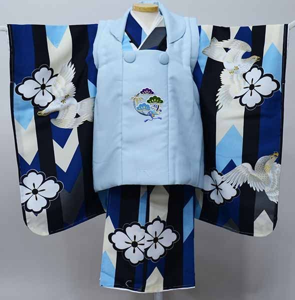 七五三 三歳 男児 被布着物セット 5点セット 紺色×水色 被布に刺繍入り