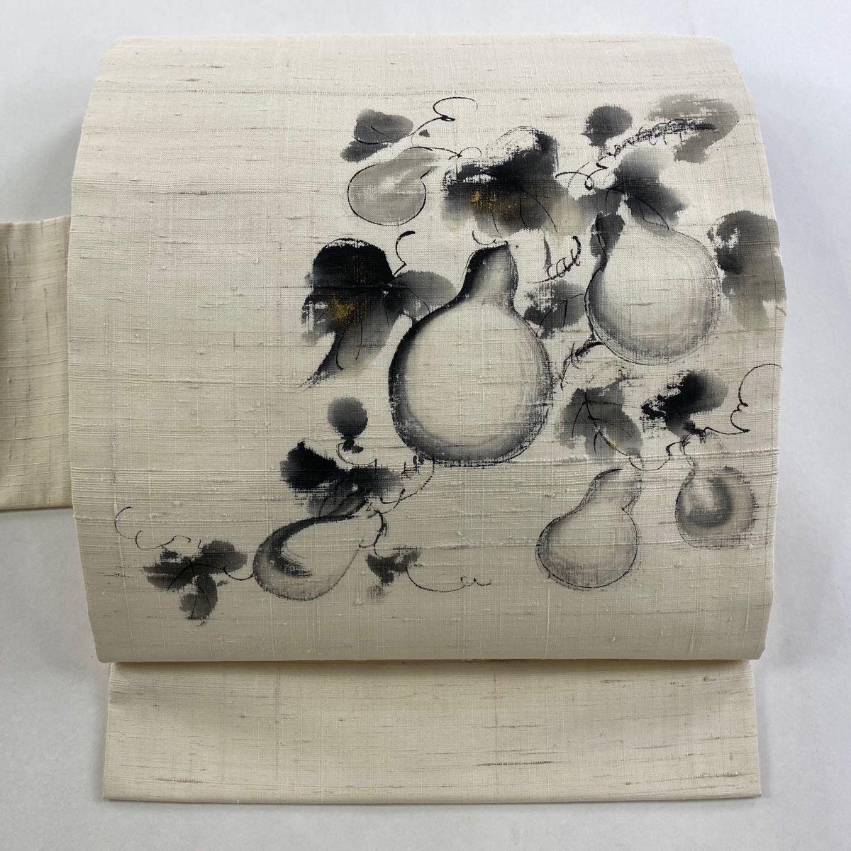 名古屋帯 秀品 落款 紬地 瓢箪 金彩 ベージュ 正絹