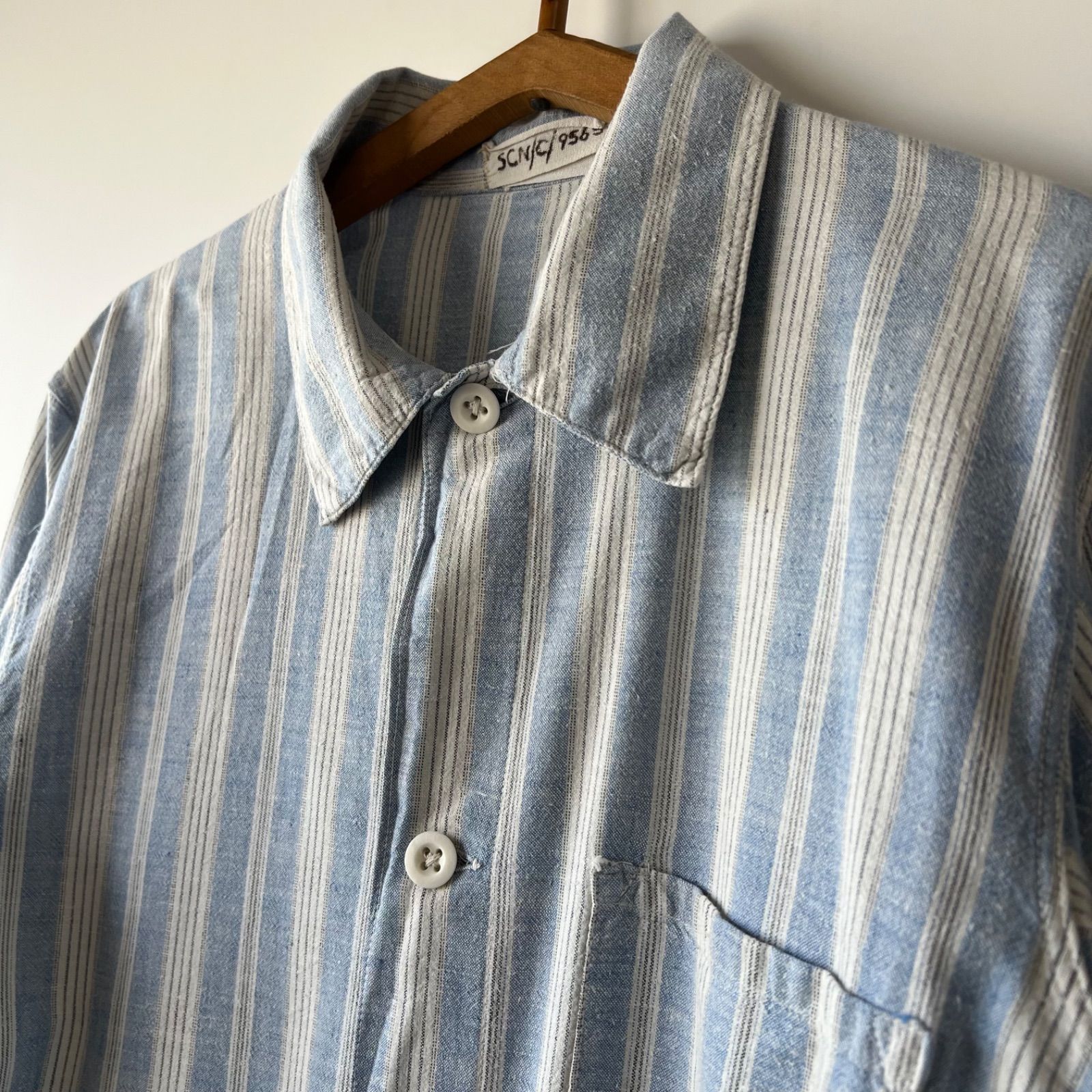 50’s British army prisoner long sleeve stripe shirts ecru|light blue