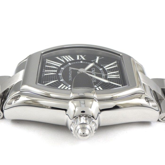 カルティエ Cartier 腕時計 ロードスター LM W62041V3 デイト 夜光針 トノー ブラック サンレイ ギョーシェ文字盤 SS 自動巻き 箱 保付き
