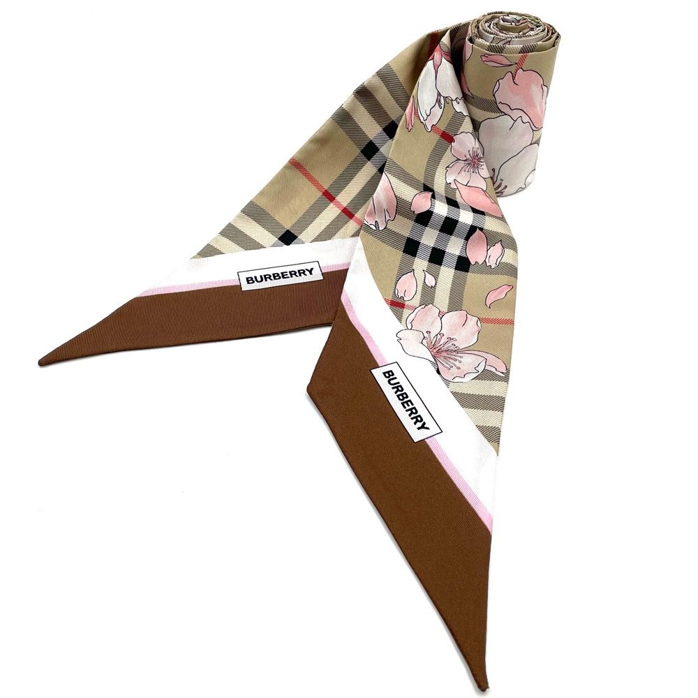 バーバリー スカーフ レディース スキニースカーフ ツイリー フローラルチェック CHERRY BLOSSOM 桜 ファッションアイテム  BURBERRY 80652121 シルク ベージュ ピンク 美品【中古品】