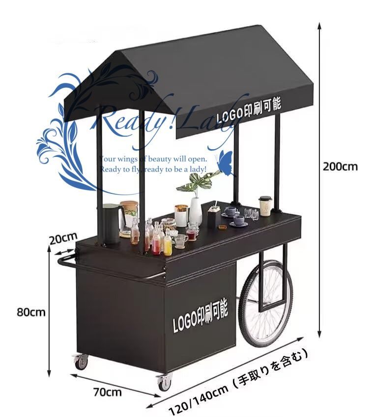 キッチンカート 屋台ブース キャスター|ストッパー|テント付き 屋台車 屋台セット キッチンワゴン 収納カート 陳列台 販売台 移動便利 テイクアウト|出店|移動販売など適用 オレンジ-引き出し付き 長さ120*奥行き70*高さ200cm
