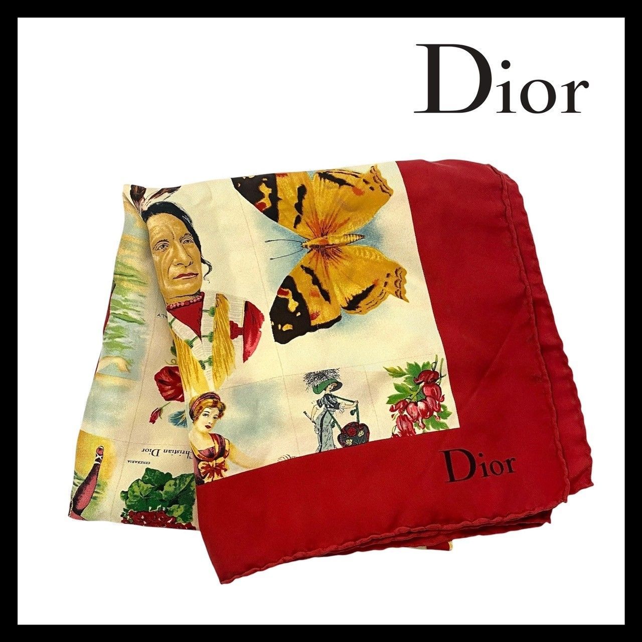 Dior】スカーフ シルク 100% レッド/赤 アイボリー 総柄 Dior】スカーフ シルク 100% レッド/赤 アイボリー 総柄