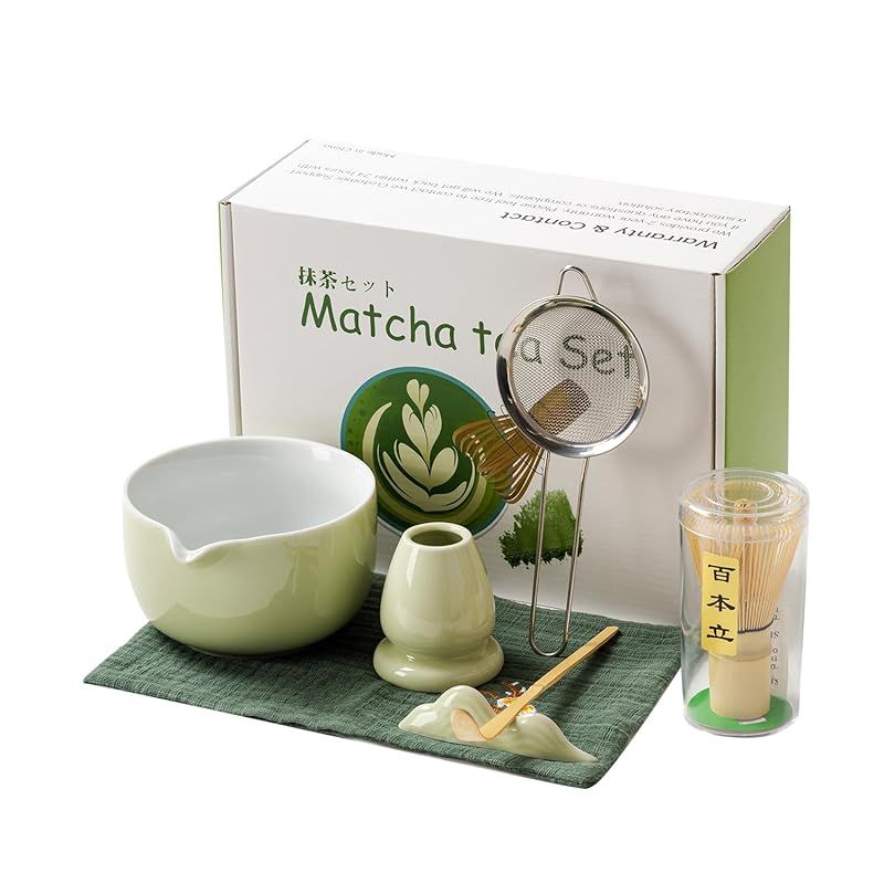 お点前セット お抹茶セット 茶道具 竹製 茶筅 百本立 茶筅立 茶碗 茶杓 茶巾 茶こし 贈り物 抹茶泡立て器セット お抹茶7点セット 抹茶グリーン 1
