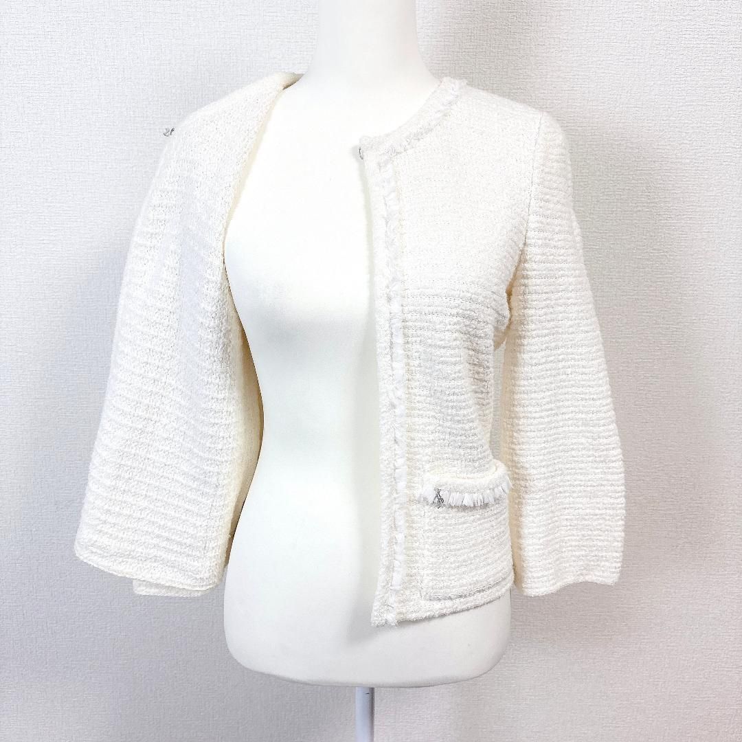 美品】 FOXEY ノーカラージャケット 40 オフホワイト ツイード ニット