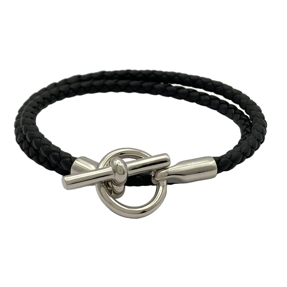 HERMES エルメス ブレスレット グレナン レザー 黒×シルバー
