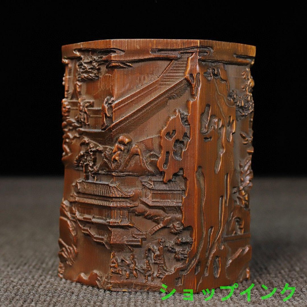 竹 彫刻 亭台楼閣筆箱 書道具 文房具 現代工芸品 美術品 置物 2025