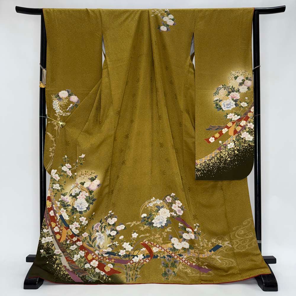 振袖 中古 黄色 正絹 古典 裄68.4cm 身丈170.5cm 美品 L サイズ 成人式