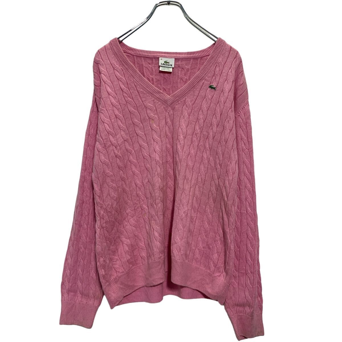 Lacoste ピンク Vネック ニットセーター LACOSTE コットン ケーブルニット セーター 2XL～ レディース
