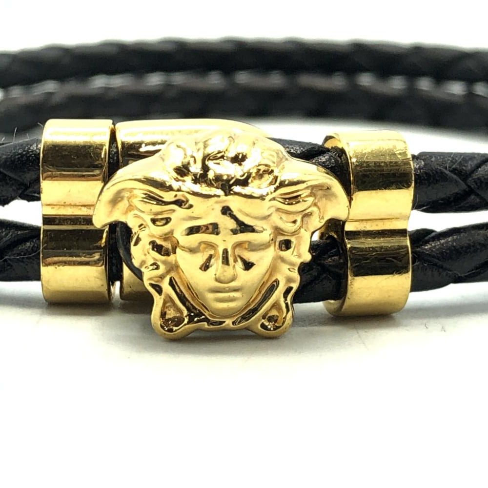 ★ヴェルサーチ メドゥーサ 2連 レザー ブラック×ゴールド　ブレスレット ヴェルサーチェ Versace メドゥーサ 2連 ブレスレット レザー