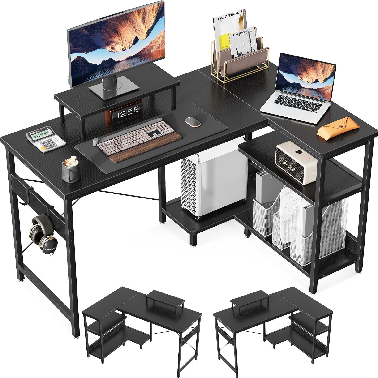 新着商品 収納 オフィスデスク desk pcデスク 在宅勤務 ラック付き 幅120cm 机 書斎 デスク L字型 組立簡単 ゲーミングデスク l字デスク ブラック パソコンデスク ODK