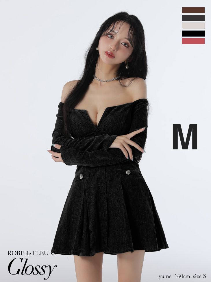 GL4123-BR-2509 ROBE de FLEURS Glossy|ローブドフルール グロッシー 長袖 | オフショル| ロングスリーブ| ラメニット| フ | ミニドレス| キャバドレス| ナイトドレス