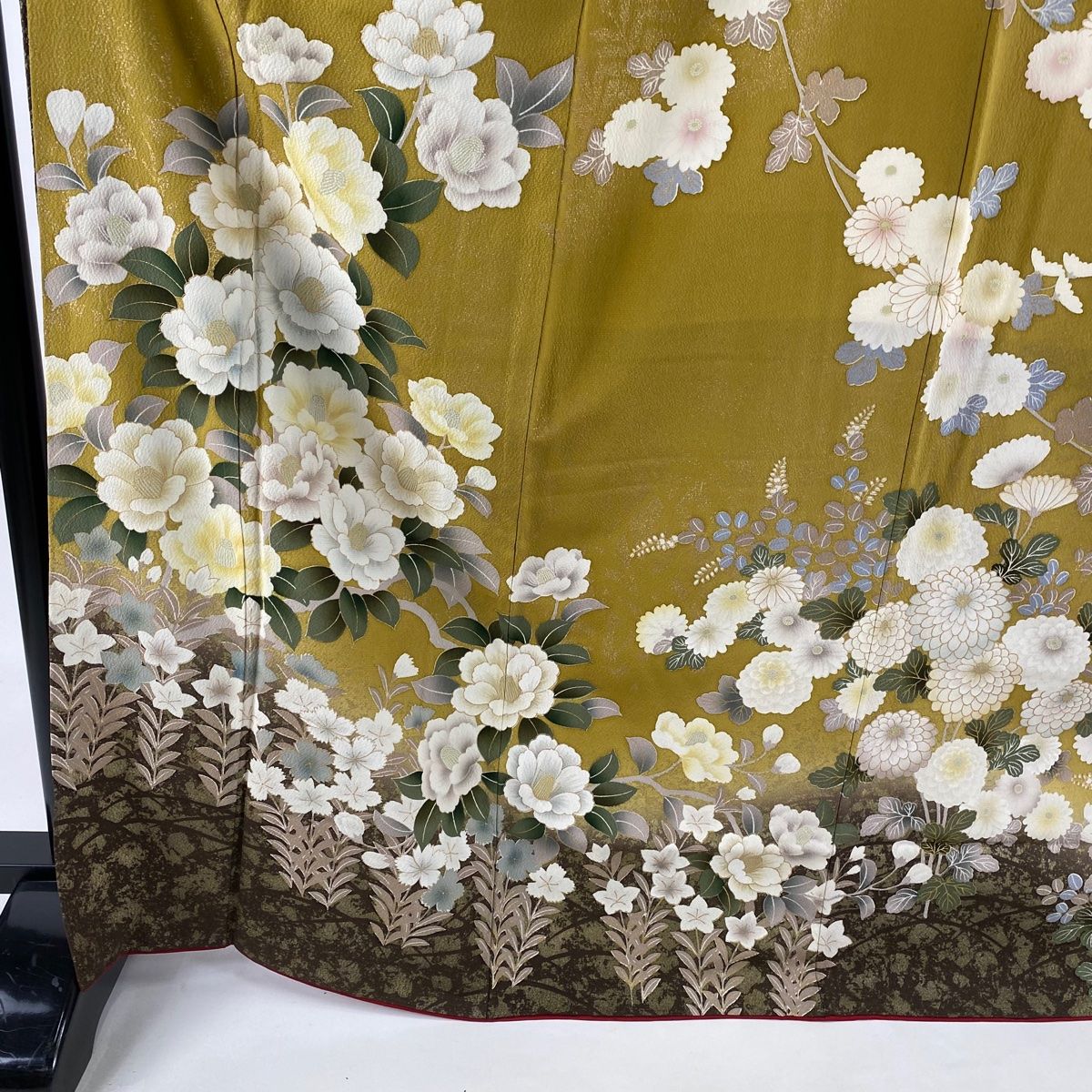 振袖 身丈169cm 裄丈66cm M 袷 菊 椿 金彩 染め分け 山吹茶色 正絹 名品-