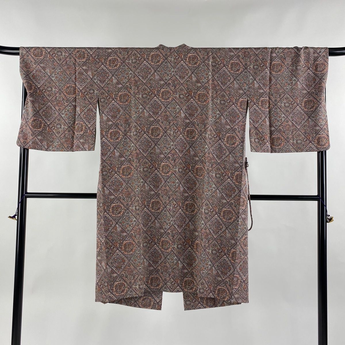 道中着 身丈108cm 裄丈66cm M 和装コート 草花 菱格子 紫 正絹 美品  