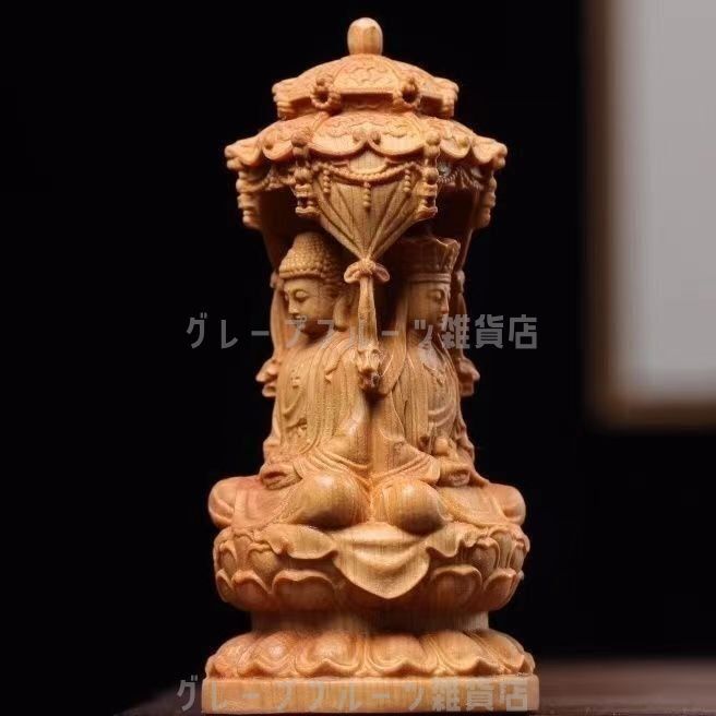 新しい未使用 木彫仏像 三面 婆娑三聖座像 阿弥陀仏三尊（観世音