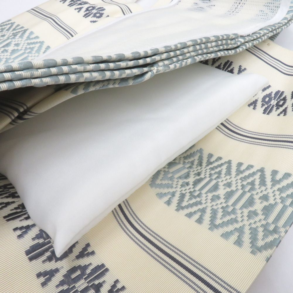 名古屋帯 作り帯 付帯 単帯 正絹 オフホワイト×青系 献上柄 仕立て