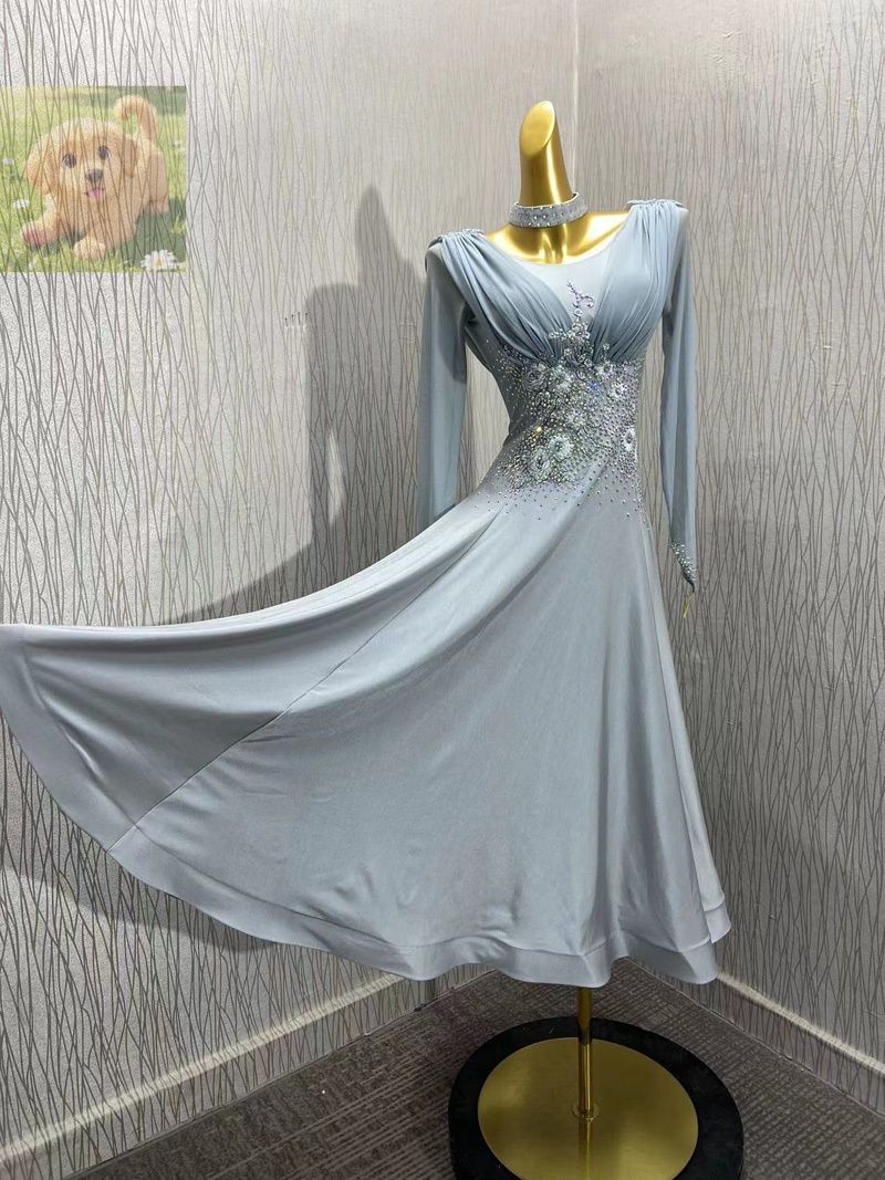人気品 セミオーダードレス レディース社交ダンス衣装 ダンスドレス モダン練習試合用ダンスドレス モチーフ飾り グレー