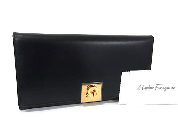 Salvatore Ferragamo フェラガモ ガンチーニ レザー 二つ折り 長財布 ウォレット 札入れ 小銭入れ ブラック系 FU2102