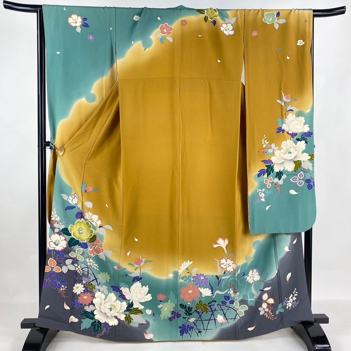 振袖 身丈163.5cm 裄丈67cm M 袷 草花 籬 金彩 ぼかし 黄土色 正絹 名品