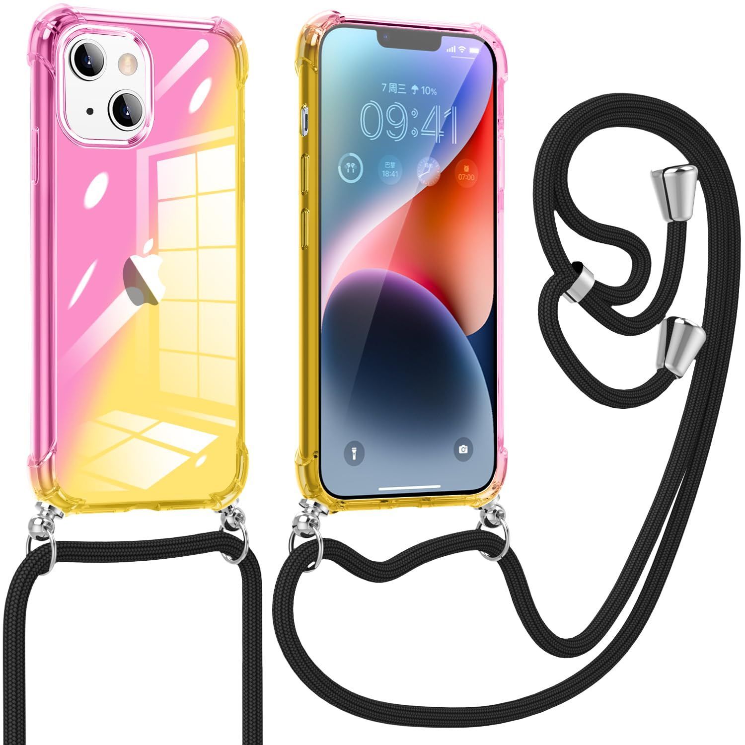 【特価商品】クリア ソフト TPU グラデーションケース ケース 耐衝撃 薄型 肩掛け 斜めかけ mini 縄掛けケース 黄変防止 軽量 一体型 かわいい iPhone13 ファッション 携帯カバー ピンク/ゴールド