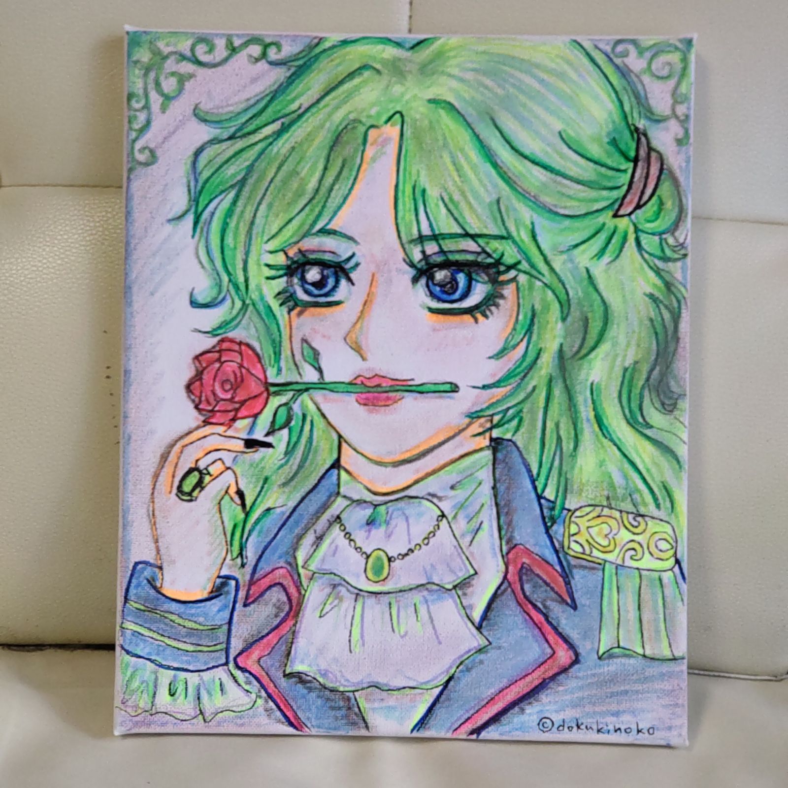 手描きイラスト キャンバスアート 「薔薇をくわえたレトロな美形