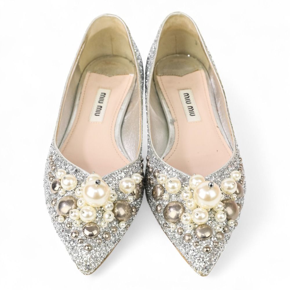 美品 miu miu ミュウミュウ パール スタッズ ポインテッドトゥ