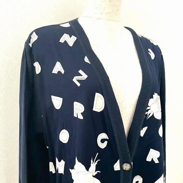 anc レオナール LEONARD カーディガン M 紺 白 節約 ニット花柄 異素材