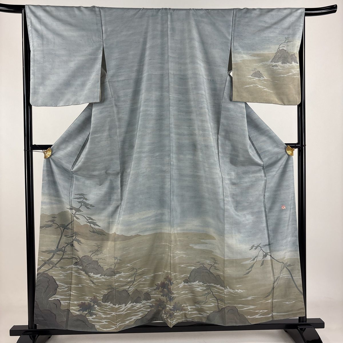 訪問着 身丈157.5cm 裄丈66.5cm M 袷 牛首紬地 落款 山 海風景 青灰色 正絹