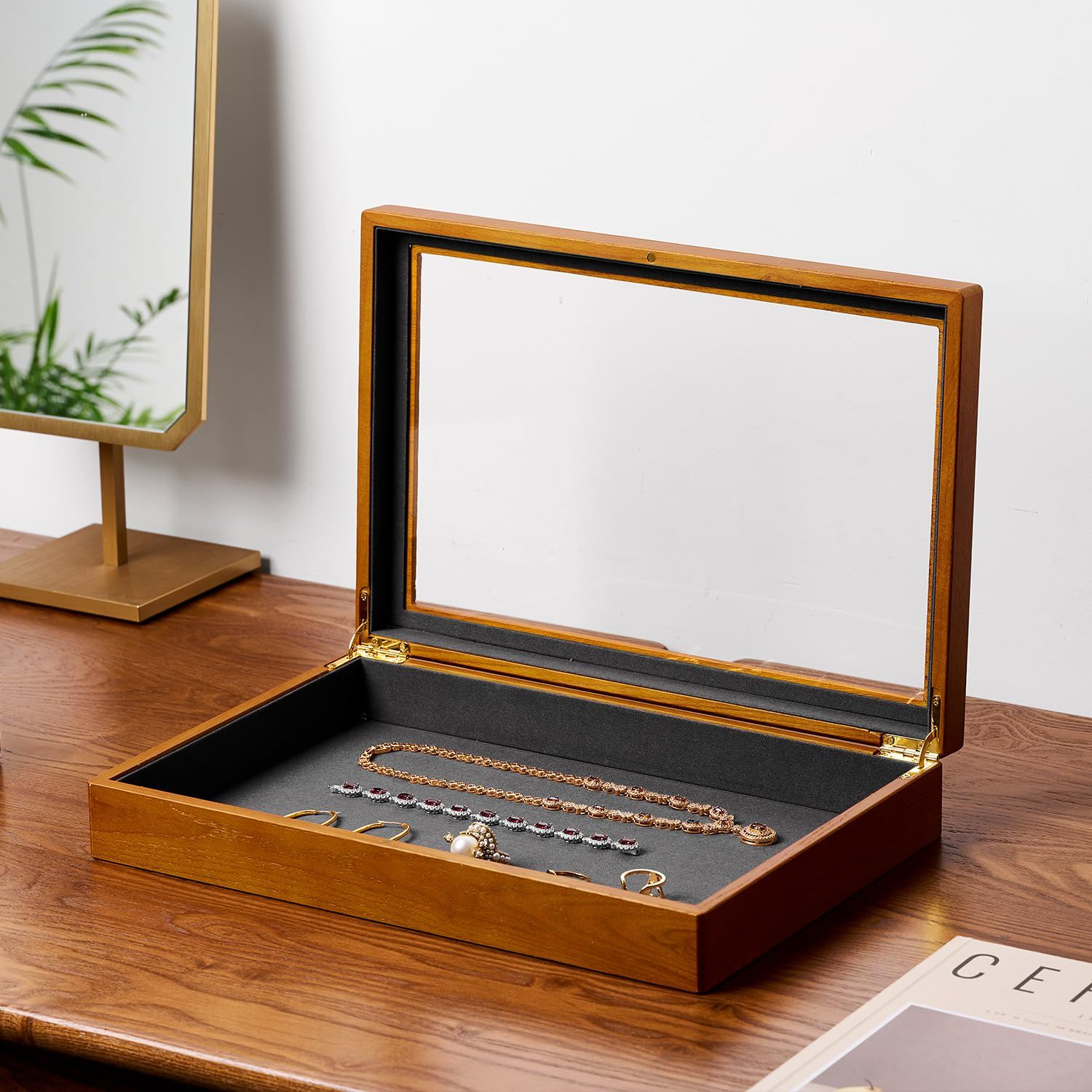 Oirlv ジュエリートレイ 蓋付き 仕切りなし 木製 ジュエリーボックス 指輪 腕時計 ネックレス ディスプレイ 収納 透明 おしゃれ 適格請求書に対応 X02402 ダークグレー