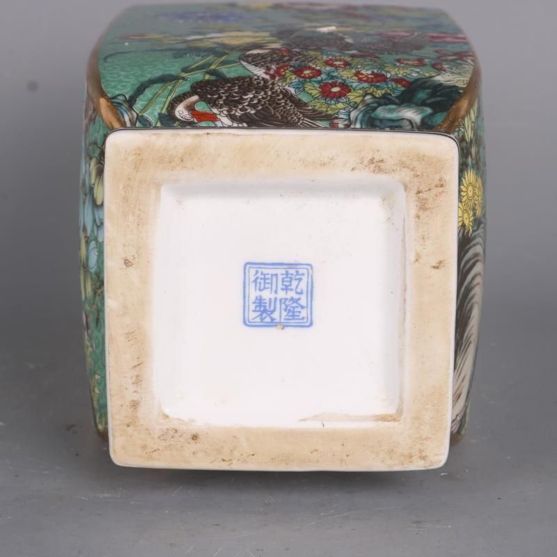 蒔金琺瑯 彩花鳥四方瓶 景徳鎮 花瓶 現代工芸品 置物 装飾品