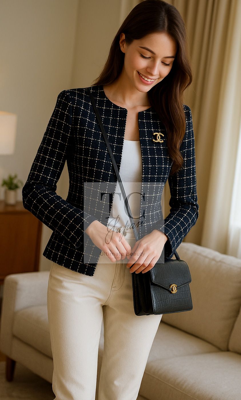 シャネル ジャケット CHANEL ネイビー チェック ノーカラー