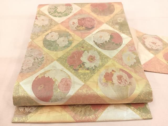 伝統工芸士 山野忠龍 名古屋帯 上品な加工 九寸 正絹 AO-1847 平和屋着物◎九寸名古屋帯 伝統工芸士 山野忠龍謹製 花丸文 引箔