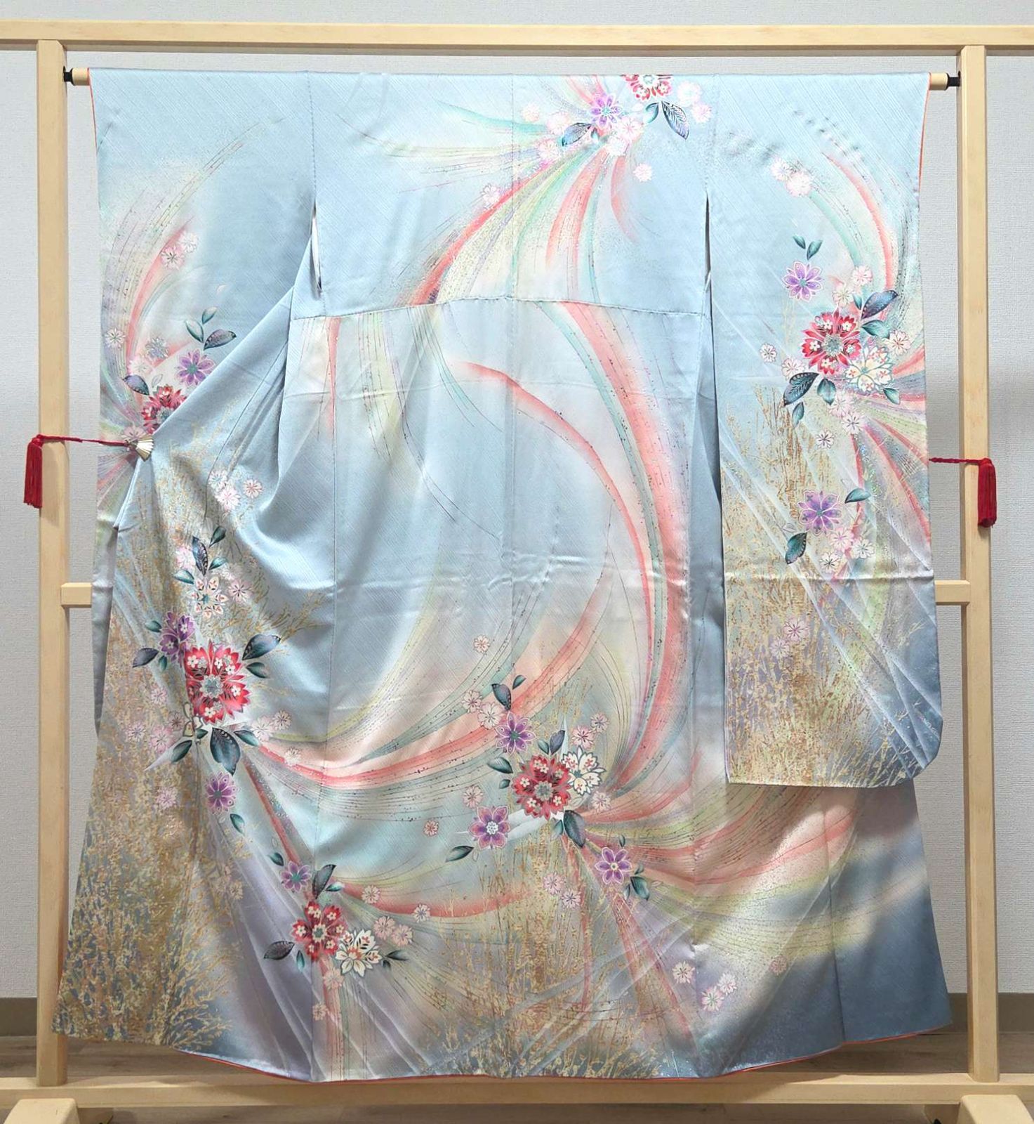 D◆着物くつろぎ 振袖 襦袢セット かわいい花模様 金彩 ラメ キラキラ 水色 袷 正絹 成人式 着物