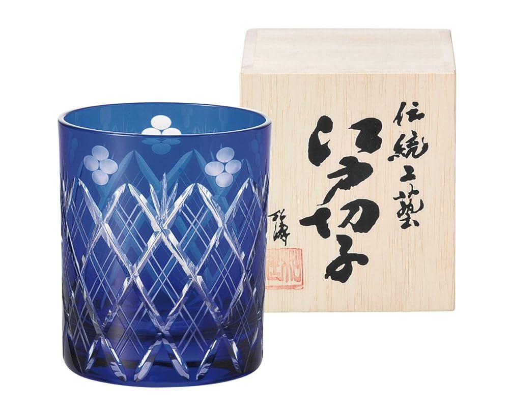 江戸切子 グラス ロックグラス 250ml 瑠璃 青 小花剣矢来紋 木箱入 日本製 223526