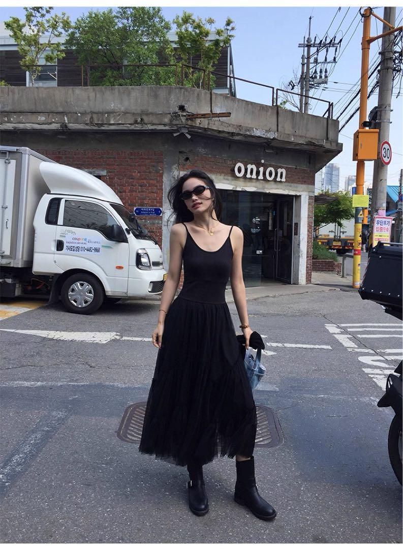 夏秋 韓国風ハイウエストロングワンピースレースキャミソールメッシュチュールドレス