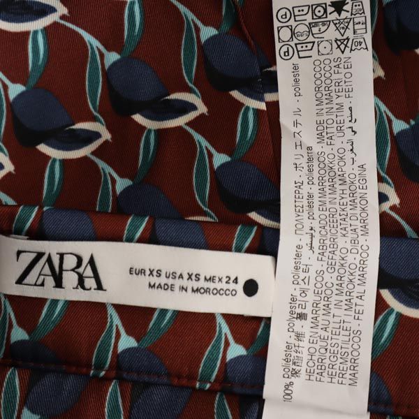 未使用 ザラ 総柄 プリーツスカート XS ブラウン系 ZARA サイドジップ